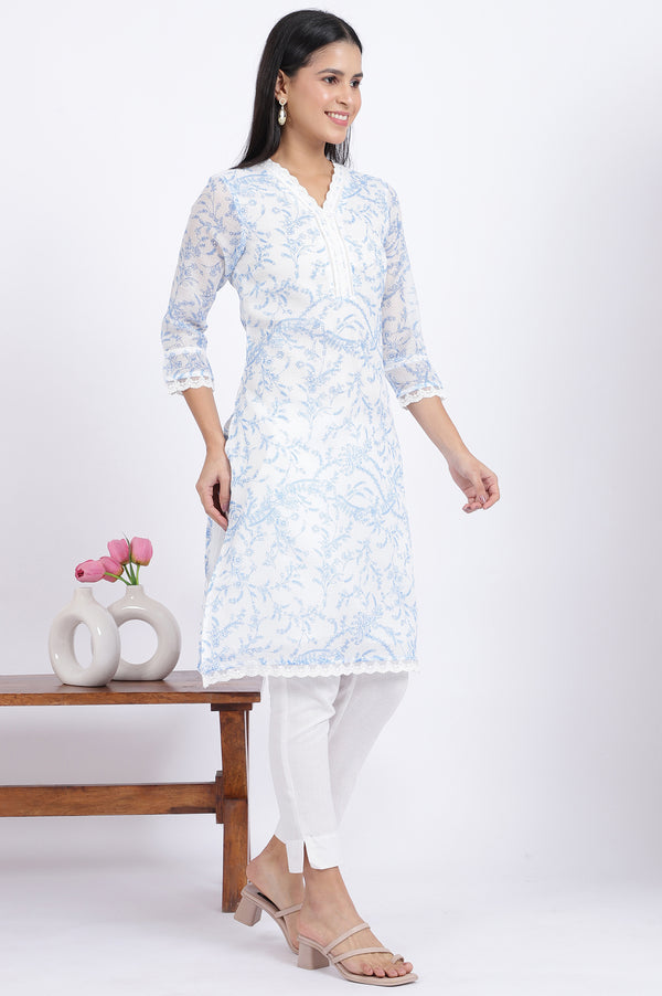 White Floral Printed Lace Straight Kota Kurta
