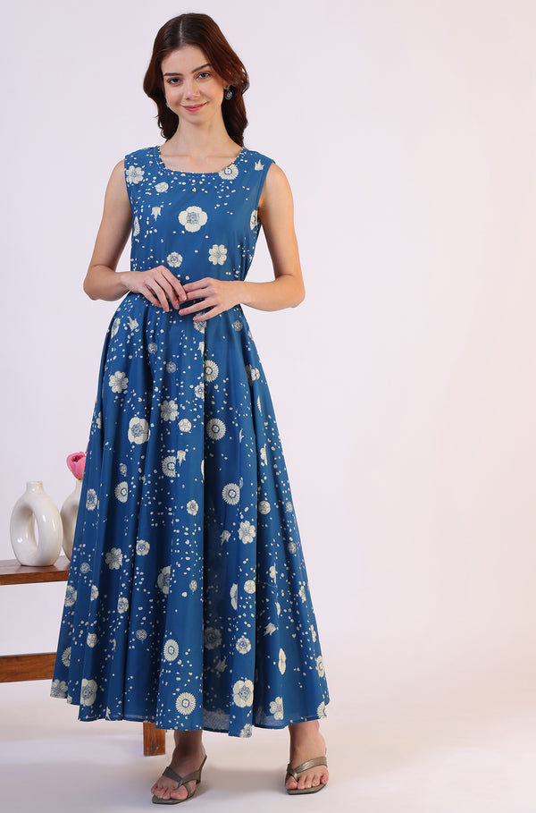 Ocean Blue Floral Printed Pure Cotton Flared Dress in Boat Neck