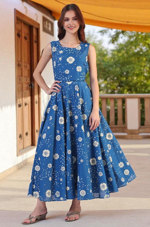 Ocean Blue Floral Printed Pure Cotton Flared Dress in Boat Neck