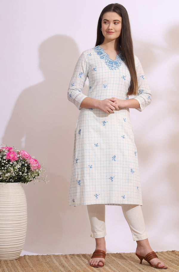White Check Printed Thread Embroidered Pure Cotton Straight Kurta