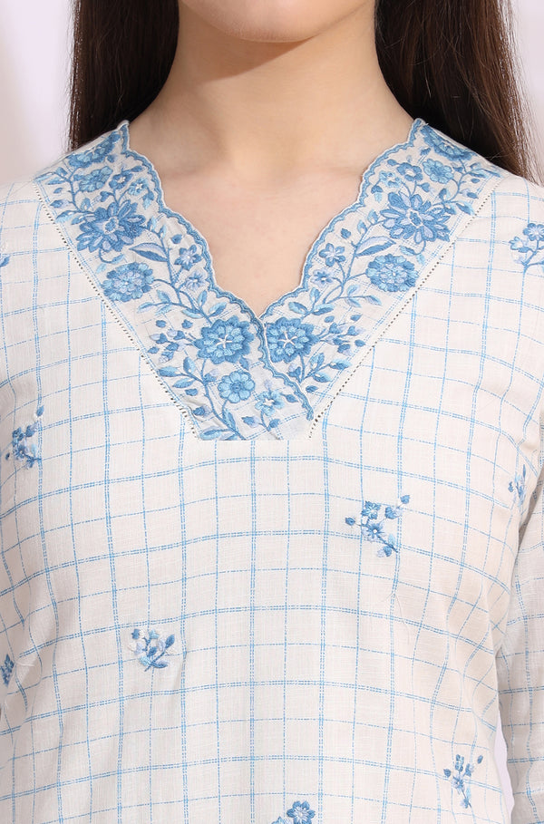 White Check Printed Thread Embroidered Pure Cotton Straight Kurta