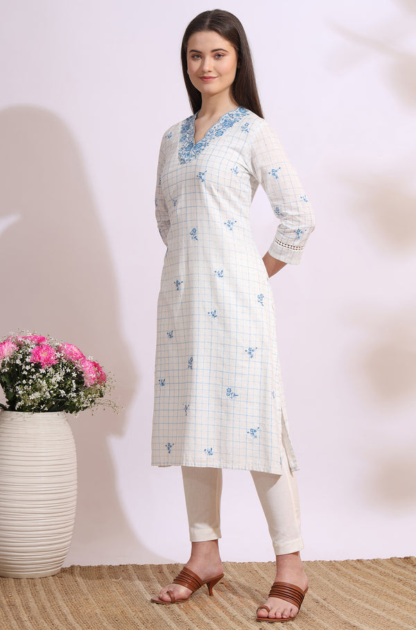 White Check Printed Thread Embroidered Pure Cotton Straight Kurta