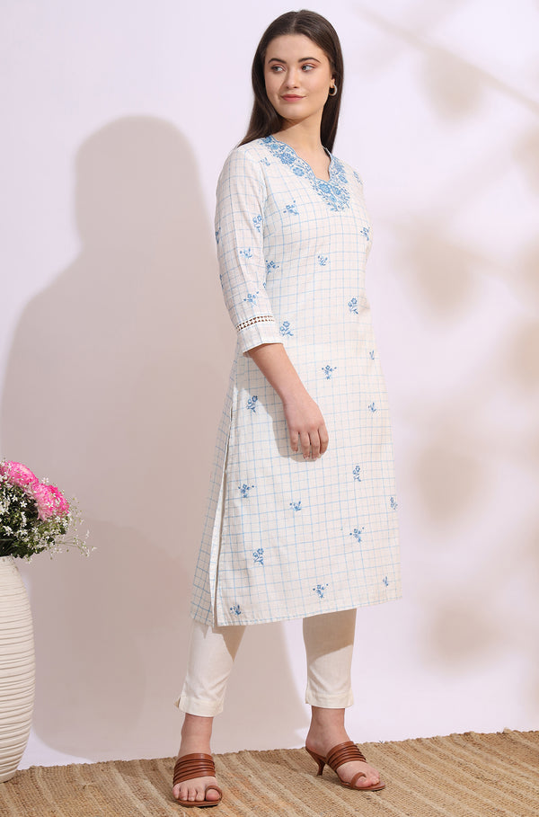 White Check Printed Thread Embroidered Pure Cotton Straight Kurta