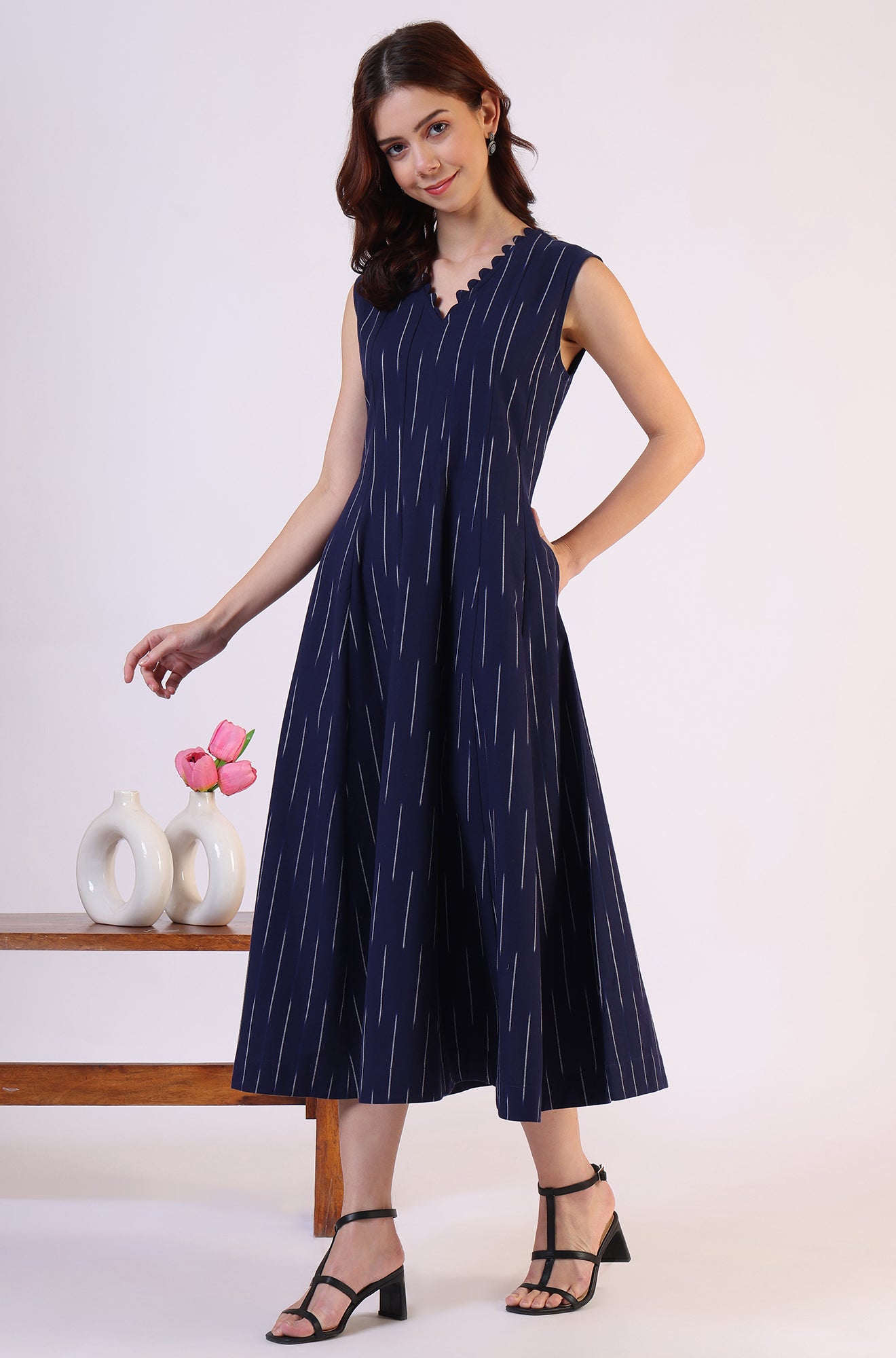 Blue Dyed Flared Pure Cotton Dress