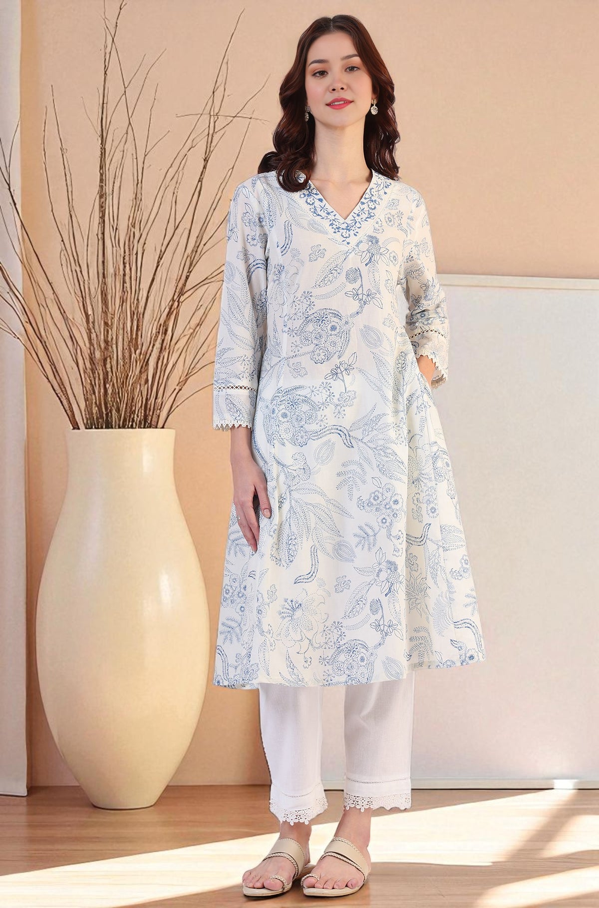 White Floral Printed Pure Cotton A-line Kurta with Kantha Embroidery - M
