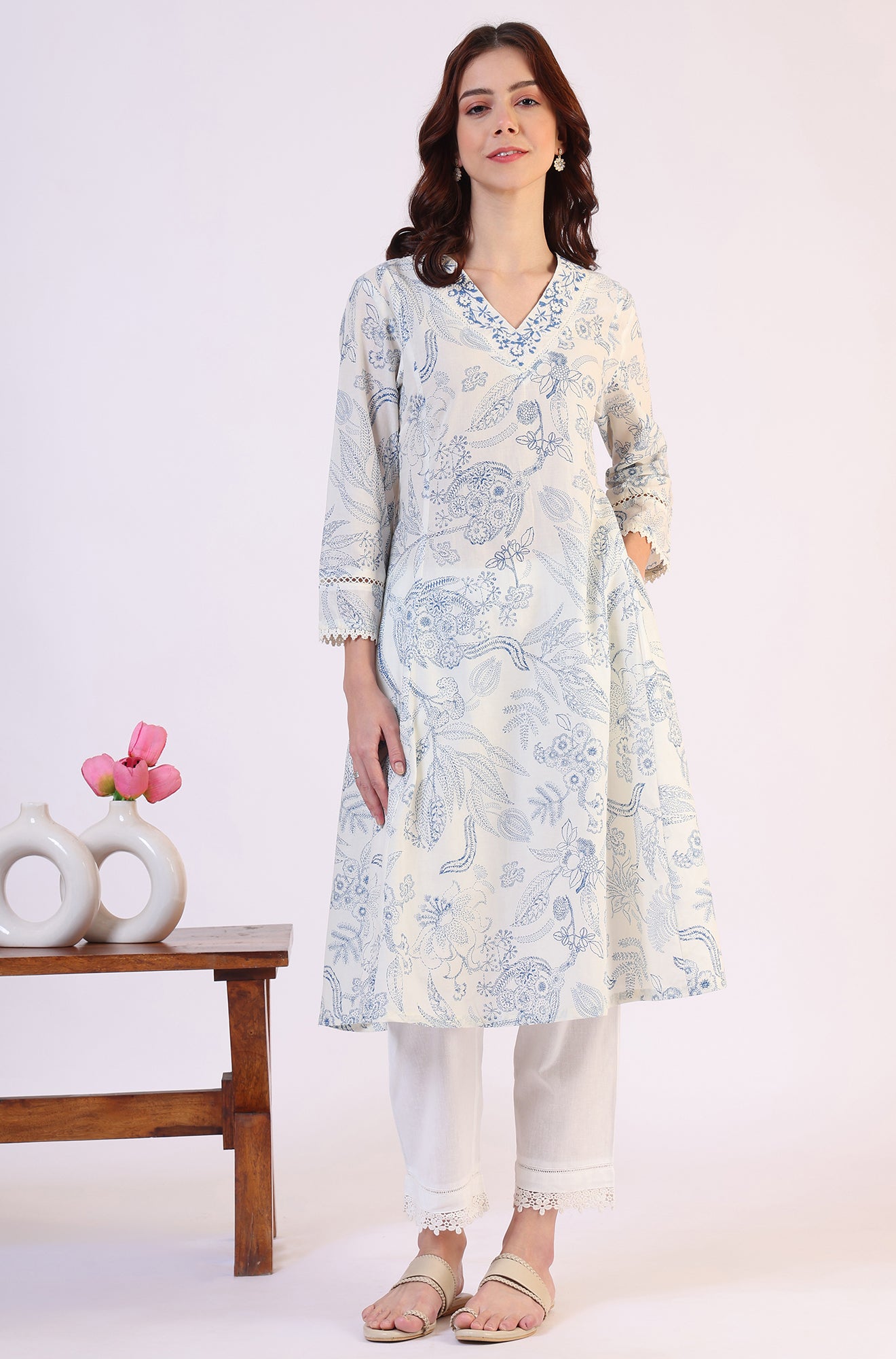 White Floral Printed Pure Cotton A-line Kurta with Kantha Embroidery