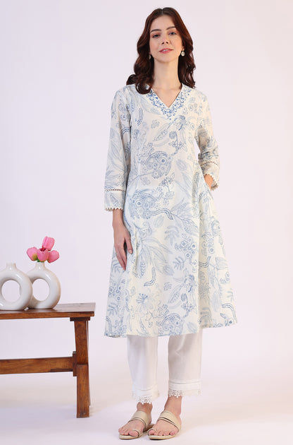 White Floral Printed Pure Cotton A-line Kurta with Kantha Embroidery