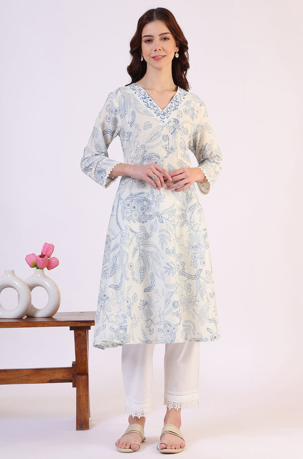 White Floral Printed Pure Cotton A-line Kurta with Kantha Embroidery
