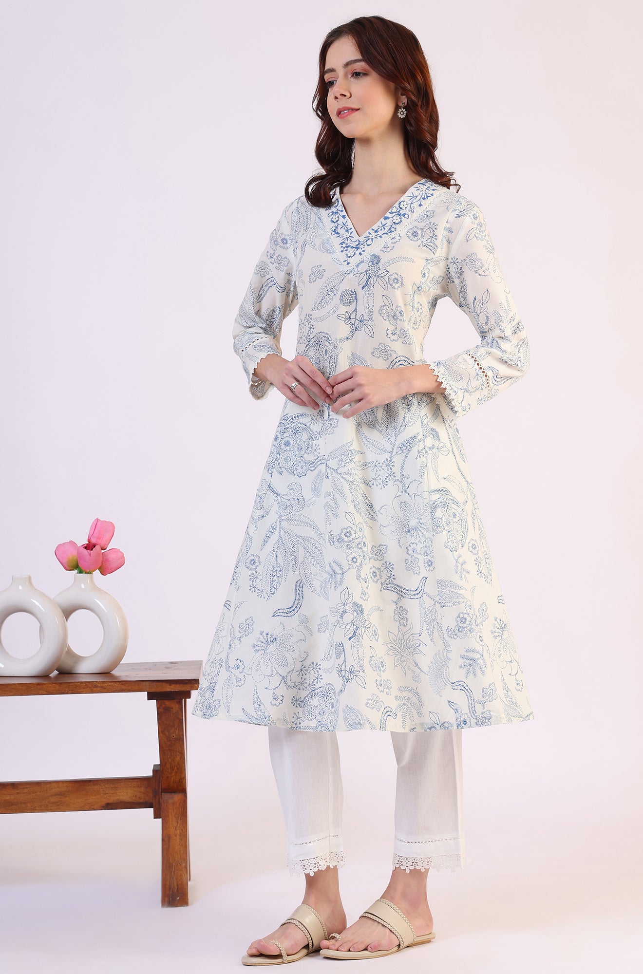 White Floral Printed Pure Cotton A-line Kurta with Kantha Embroidery