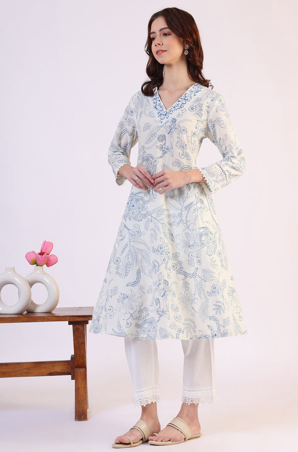 White Floral Printed Pure Cotton A-line Kurta with Kantha Embroidery