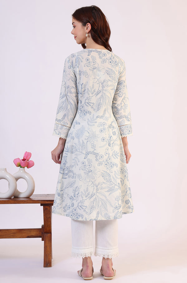 White Floral Printed Pure Cotton A-line Kurta with Kantha Embroidery
