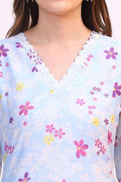 Sky Blue Floral Printed Sequined Chanderi Straight Kurta with Scalloped Neck