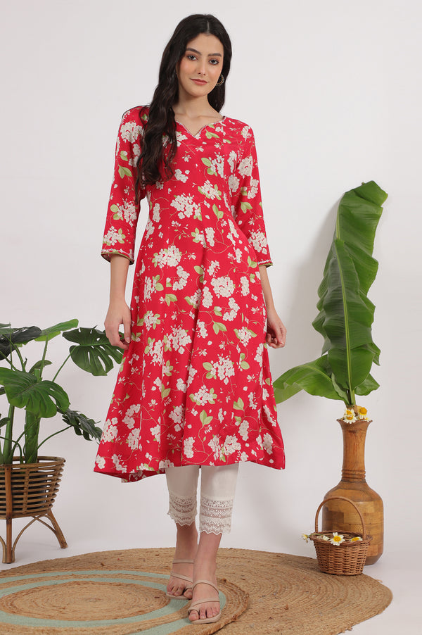 Red Floral Printed Rayon A-line Kurta