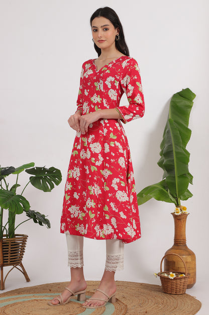 Red Floral Printed Rayon A-line Kurta