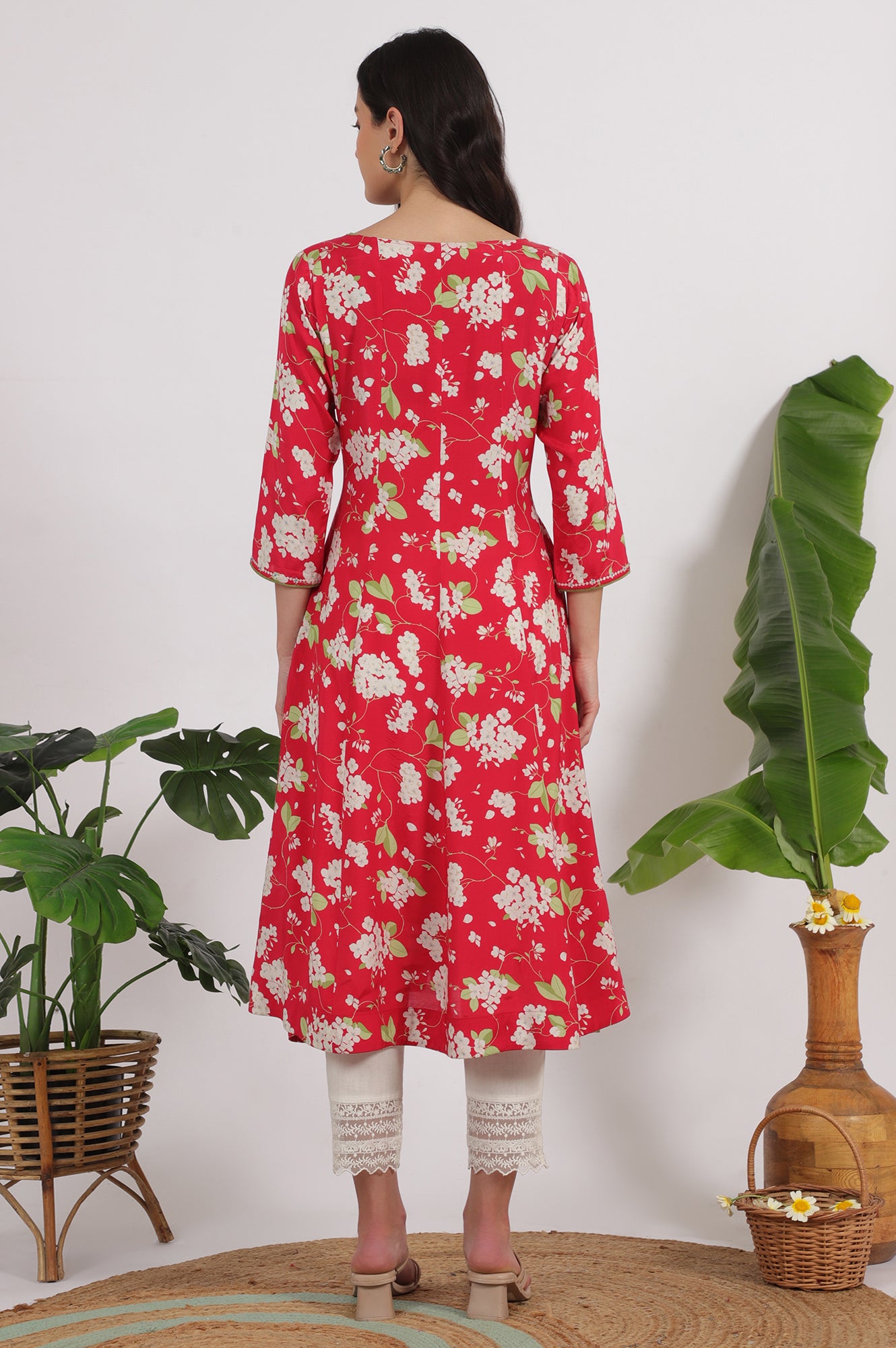 Red Floral Printed Rayon A-line Kurta