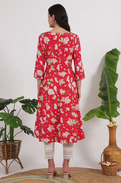 Red Floral Printed Rayon A-line Kurta