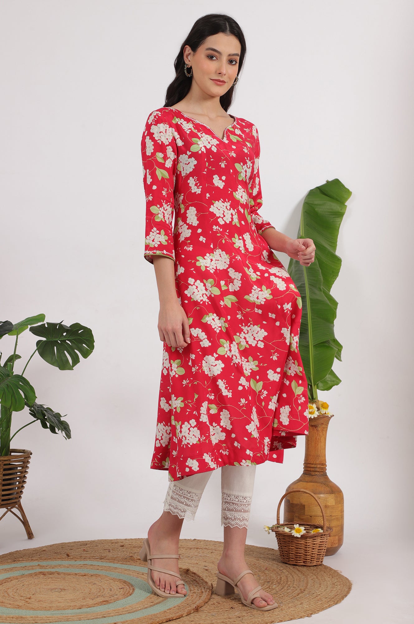 Red Floral Printed Rayon A-line Kurta