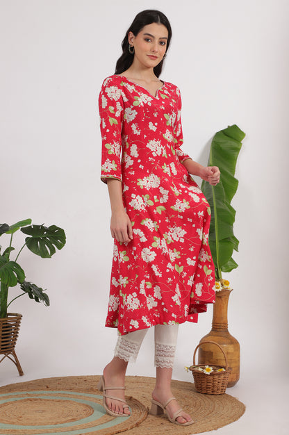 Red Floral Printed Rayon A-line Kurta