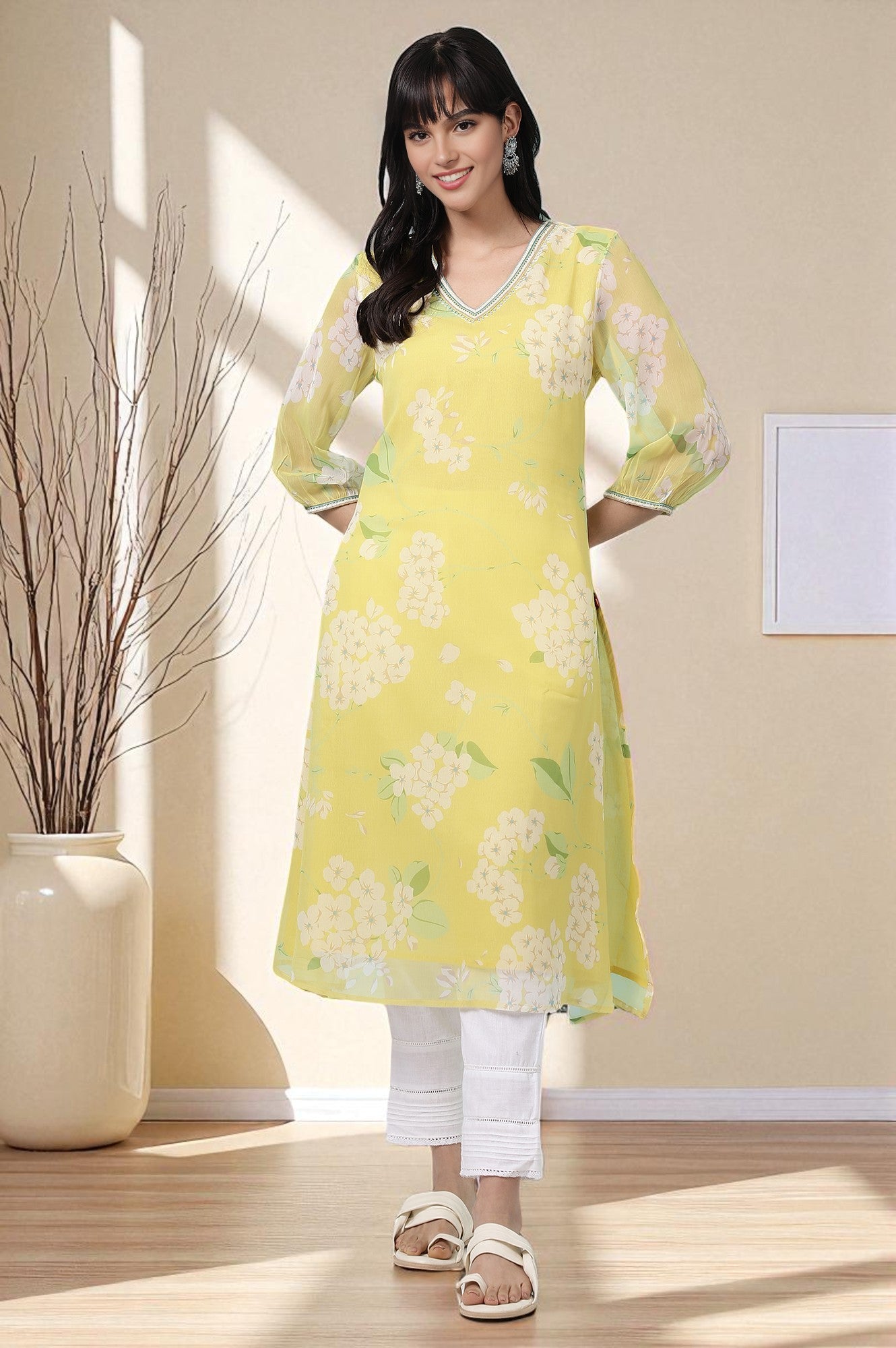 Yellow Floral Printed Chiffon Flared Kurta with Beads