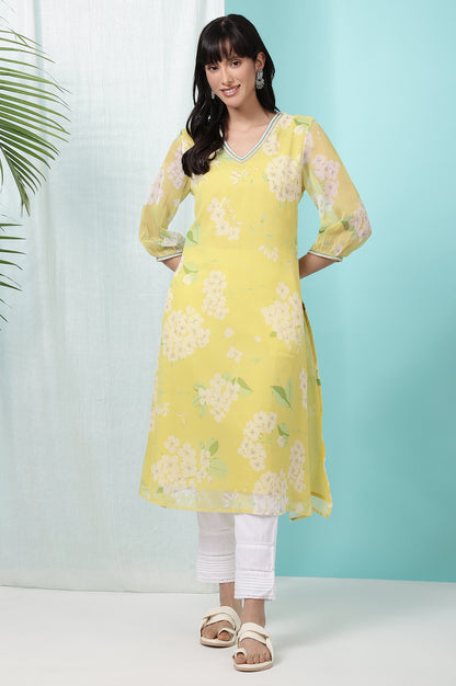 Yellow Floral Printed Chiffon Flared Kurta with Beads