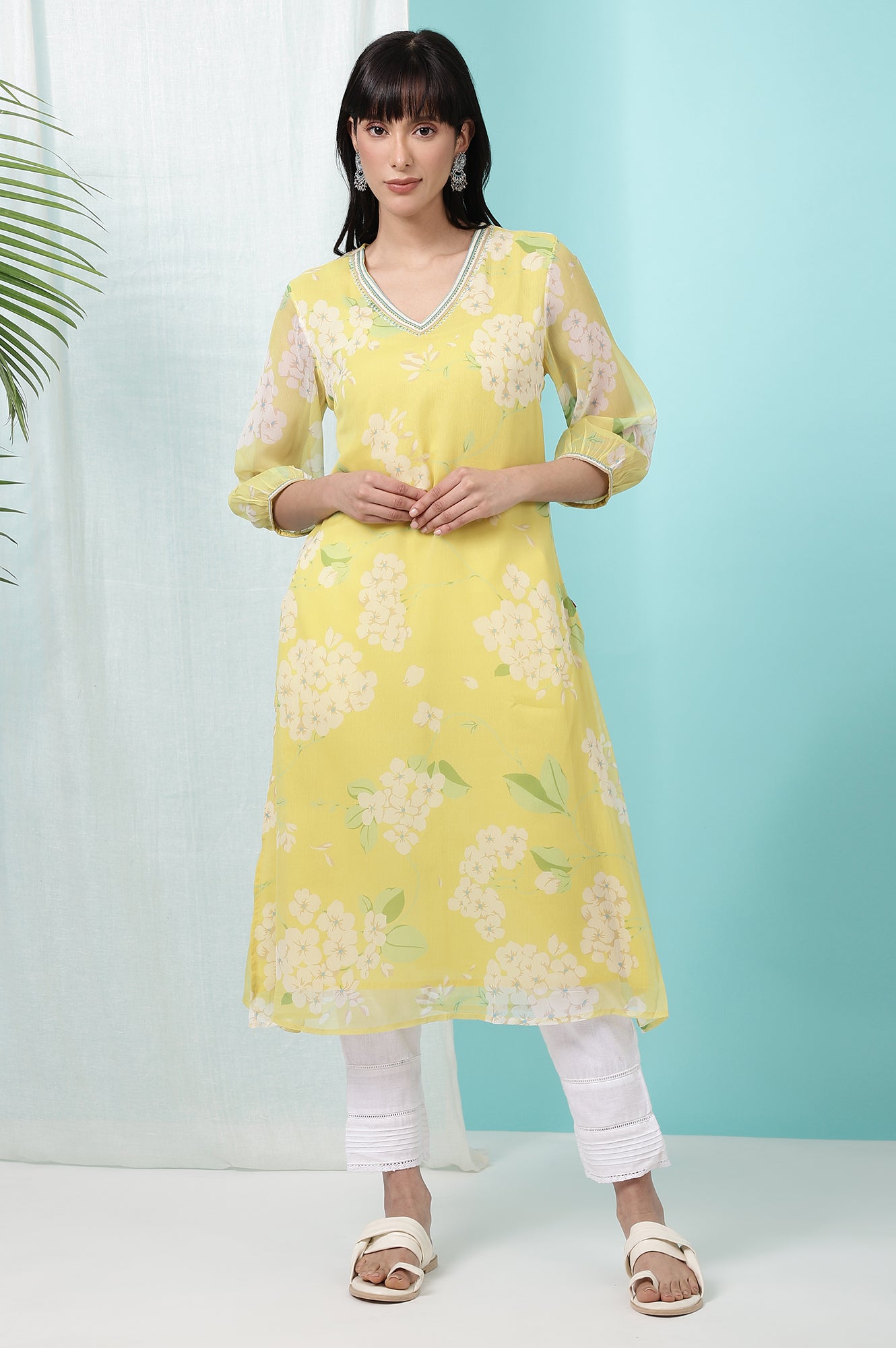 Yellow Floral Printed Chiffon Flared Kurta with Beads