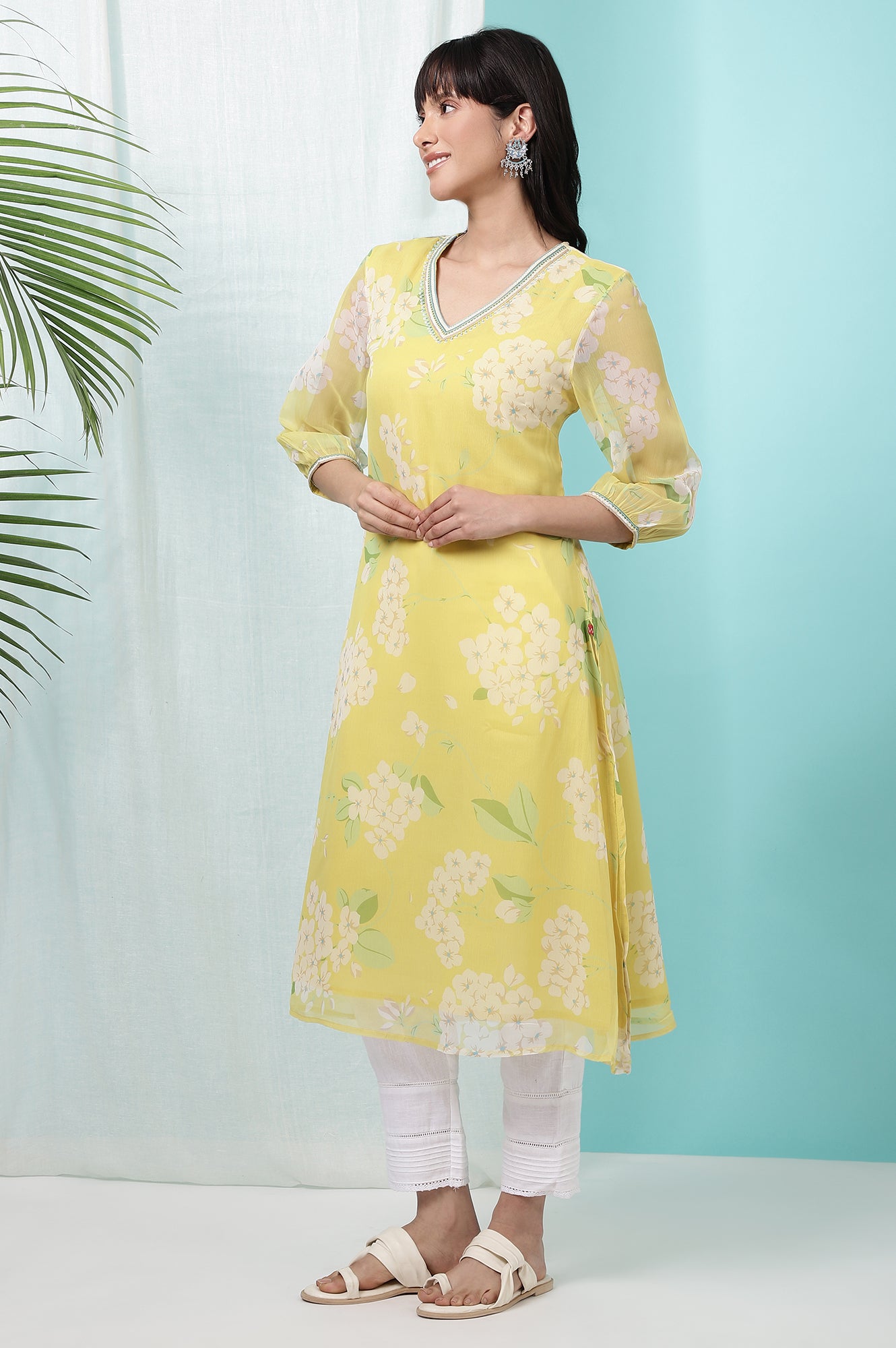 Yellow Floral Printed Chiffon Flared Kurta with Beads