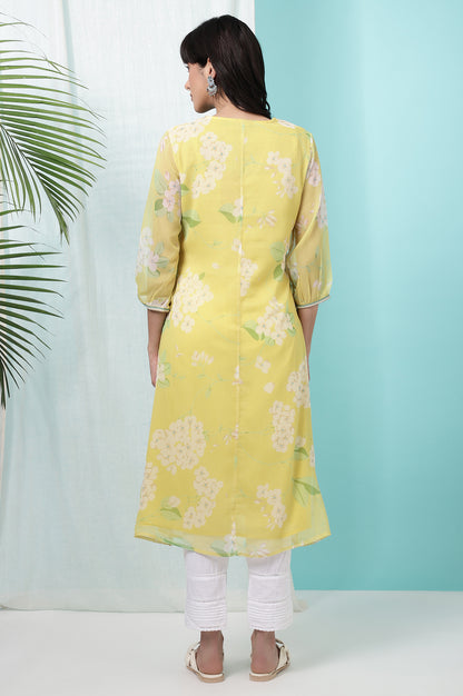 Yellow Floral Printed Chiffon Flared Kurta with Beads