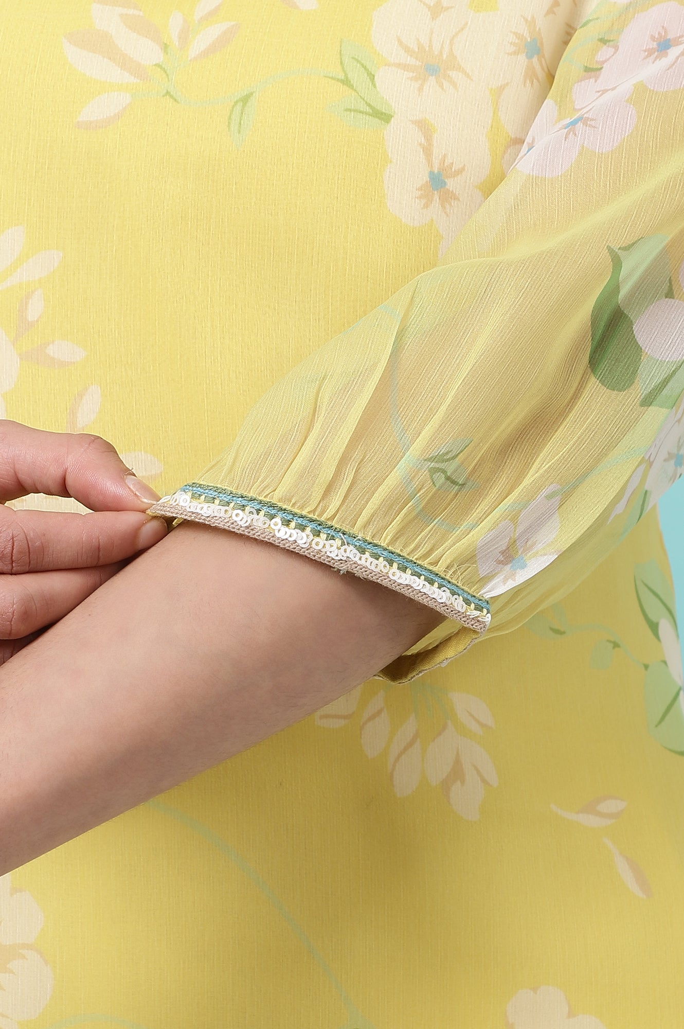 Yellow Floral Printed Chiffon Flared Kurta with Beads