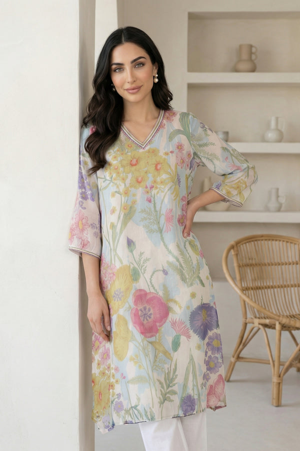 Off White Floral Printed Chiffon Straight Kurta