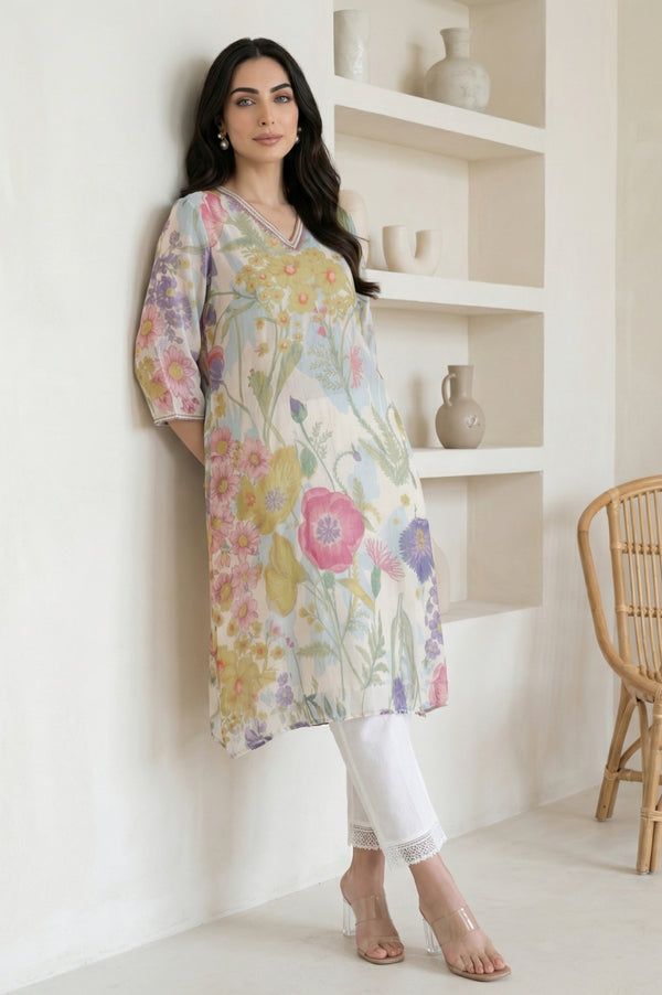 Off White Floral Printed Chiffon Straight Kurta
