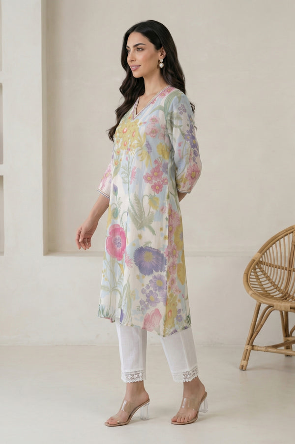 Off White Floral Printed Chiffon Straight Kurta
