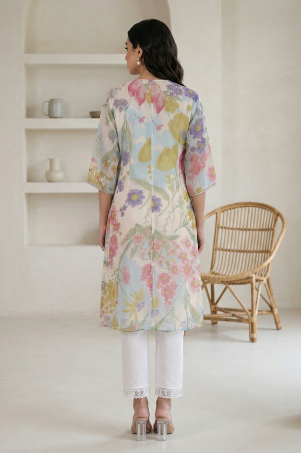Off White Floral Printed Chiffon Straight Kurta