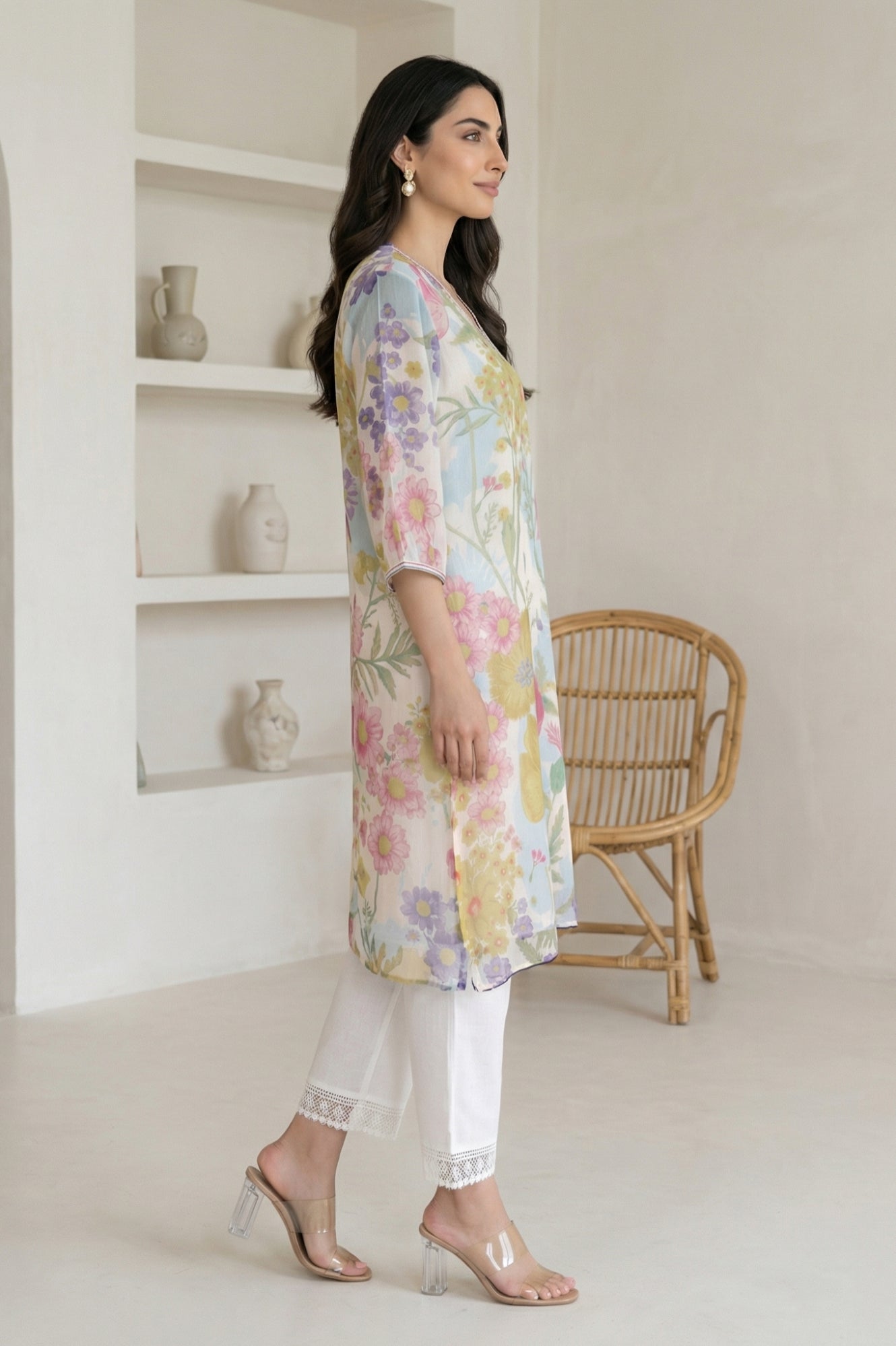 Off White Floral Printed Chiffon Straight Kurta