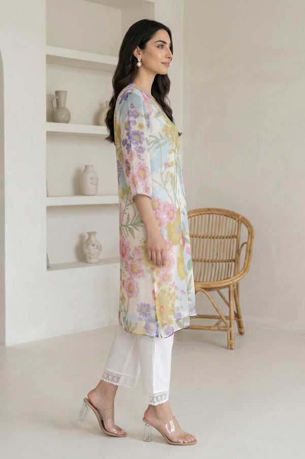Off White Floral Printed Chiffon Straight Kurta