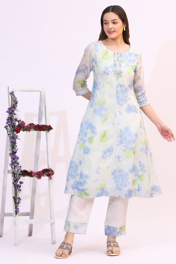 Off-White Floral Printed Kota Flared Kurta