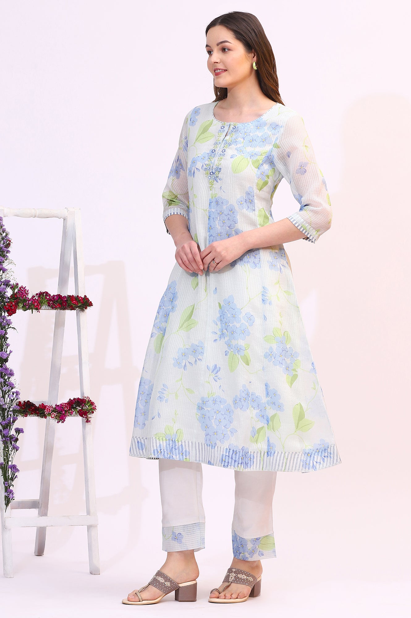 Off-White Floral Printed Kota Flared Kurta