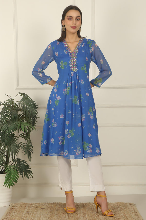Blue Chiffon Floral Printed Gathered Kurta