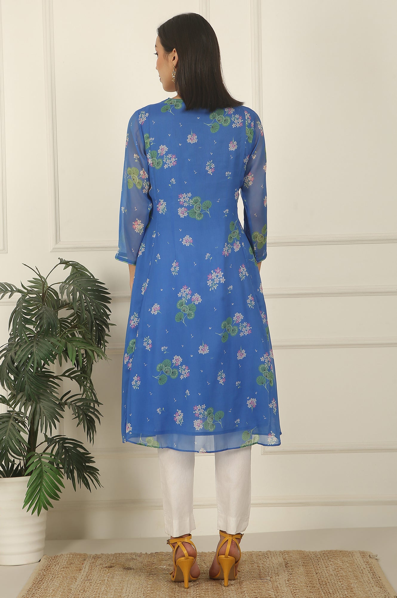Blue Chiffon Floral Printed Gathered Kurta