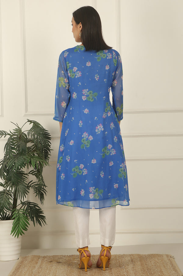 Blue Chiffon Floral Printed Gathered Kurta