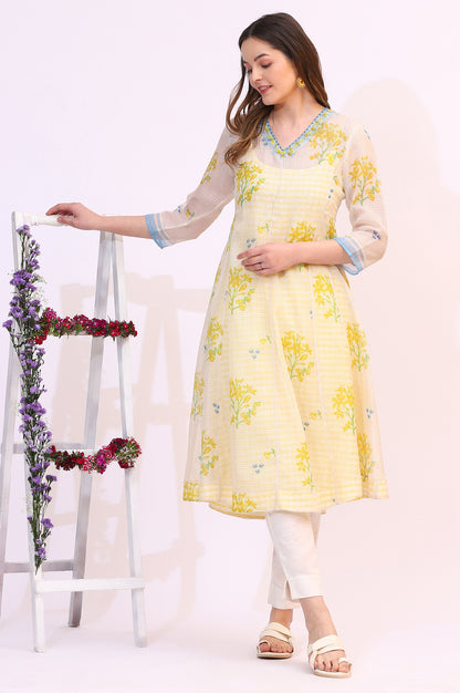 White Floral Printed Sequined Kota Layered Kurta