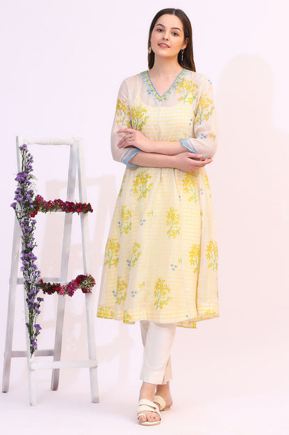 White Floral Printed Sequined Kota Layered Kurta