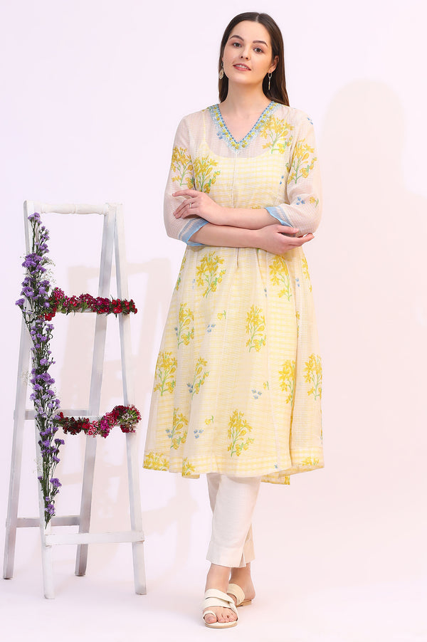 White Floral Printed Sequined Kota Layered Kurta