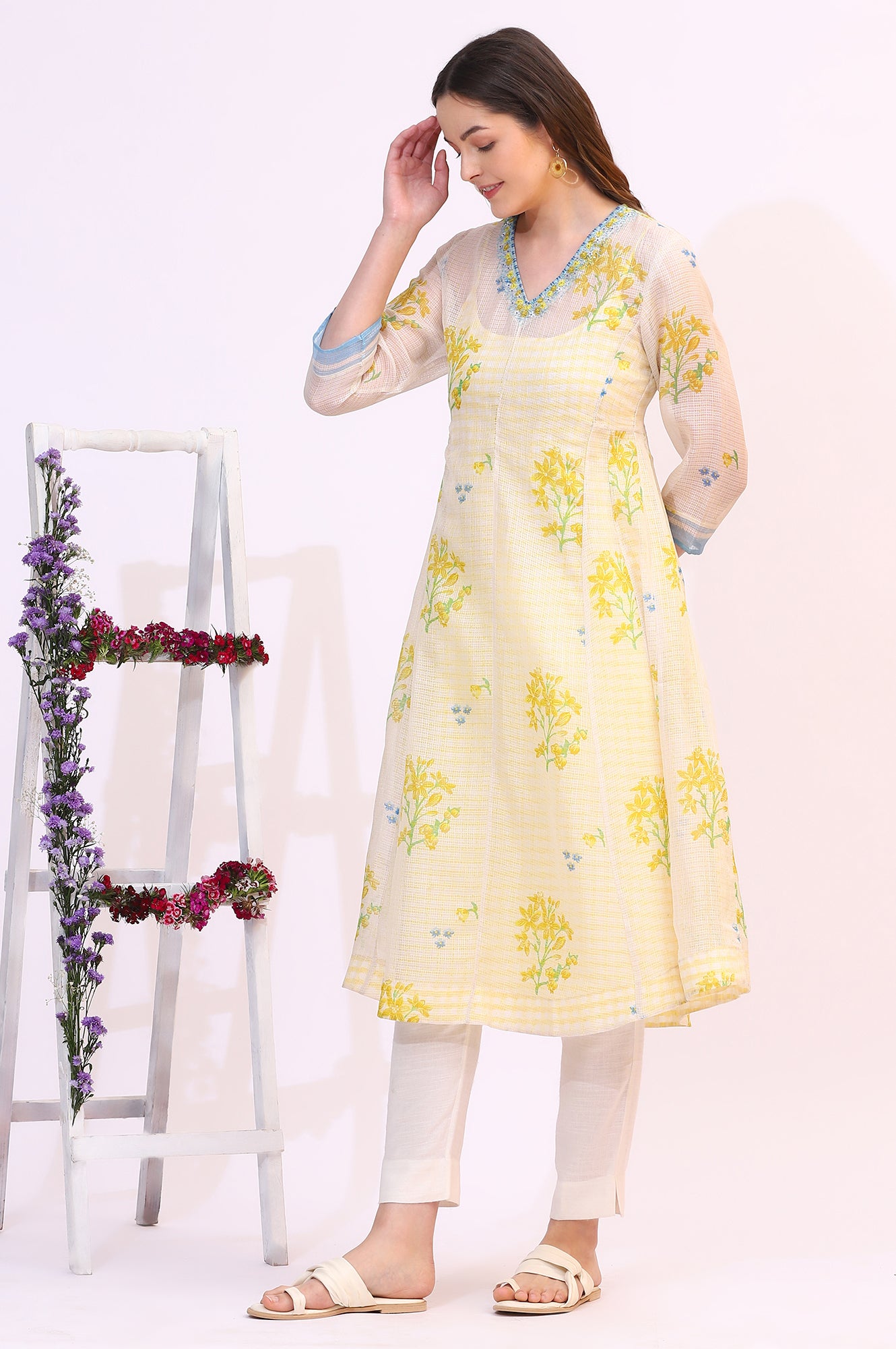 White Floral Printed Sequined Kota Layered Kurta