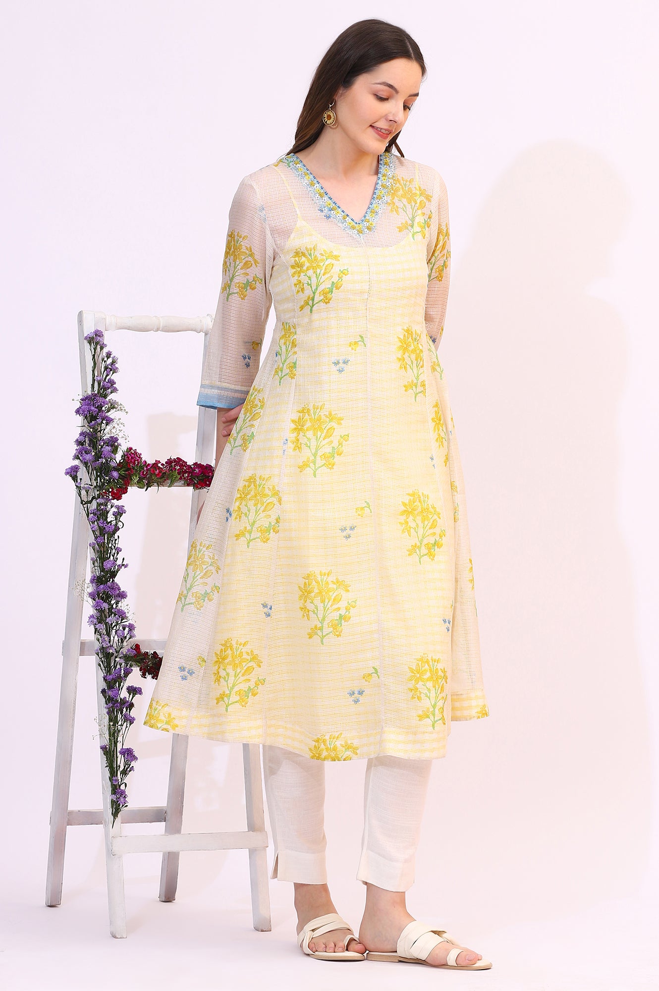 White Floral Printed Sequined Kota Layered Kurta