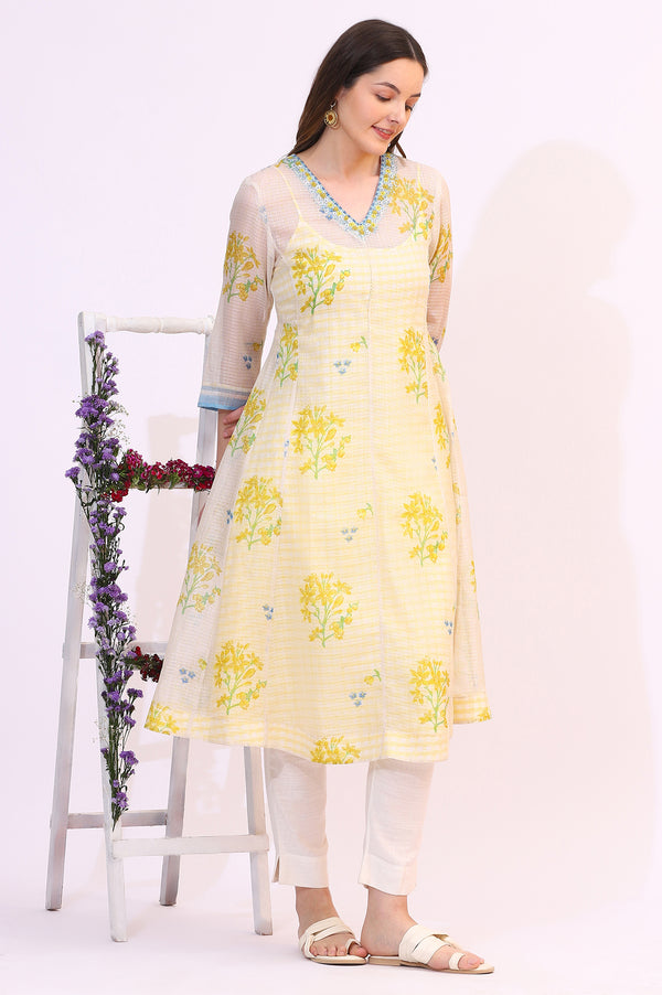 White Floral Printed Sequined Kota Layered Kurta