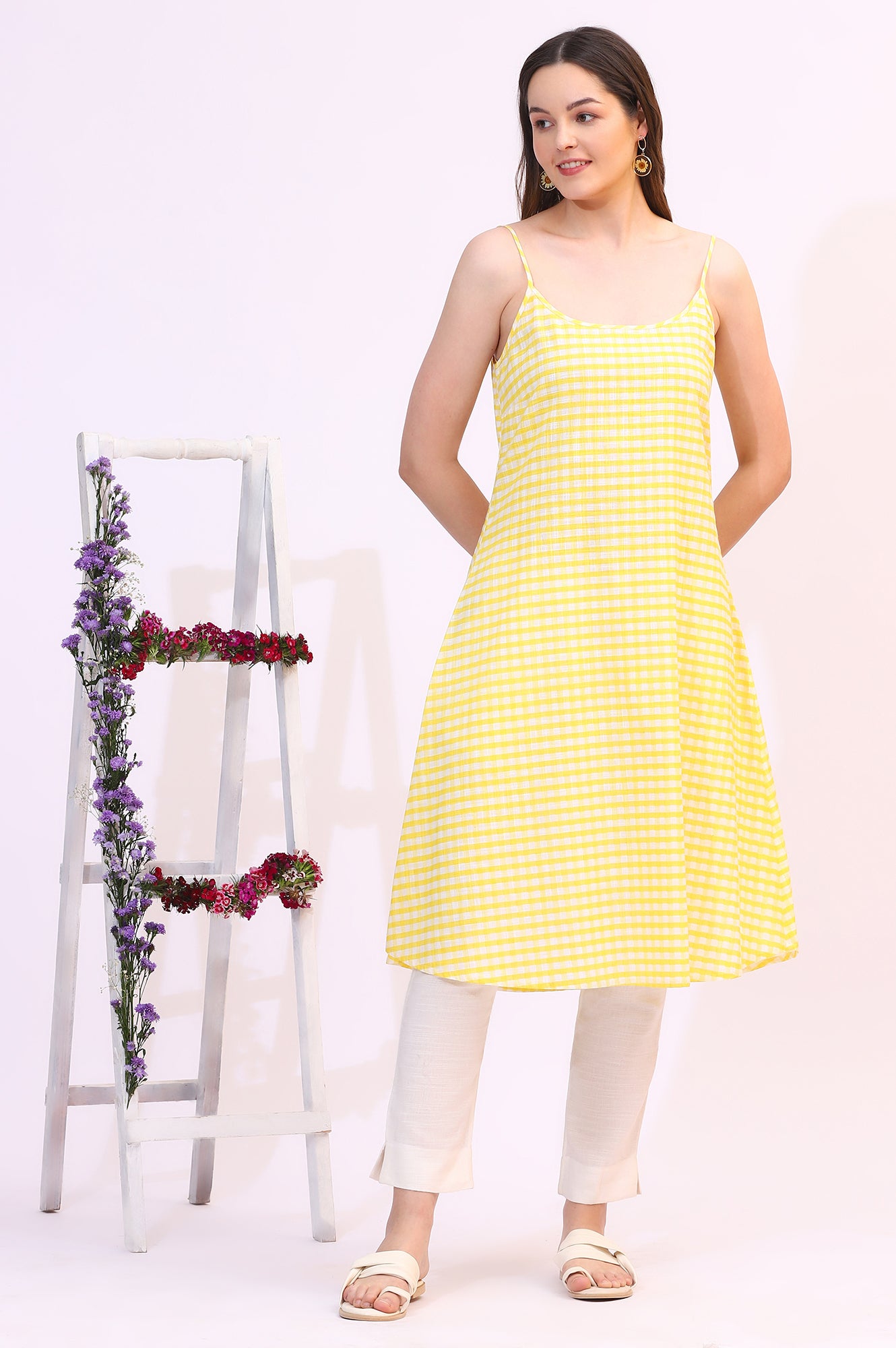 White Floral Printed Sequined Kota Layered Kurta