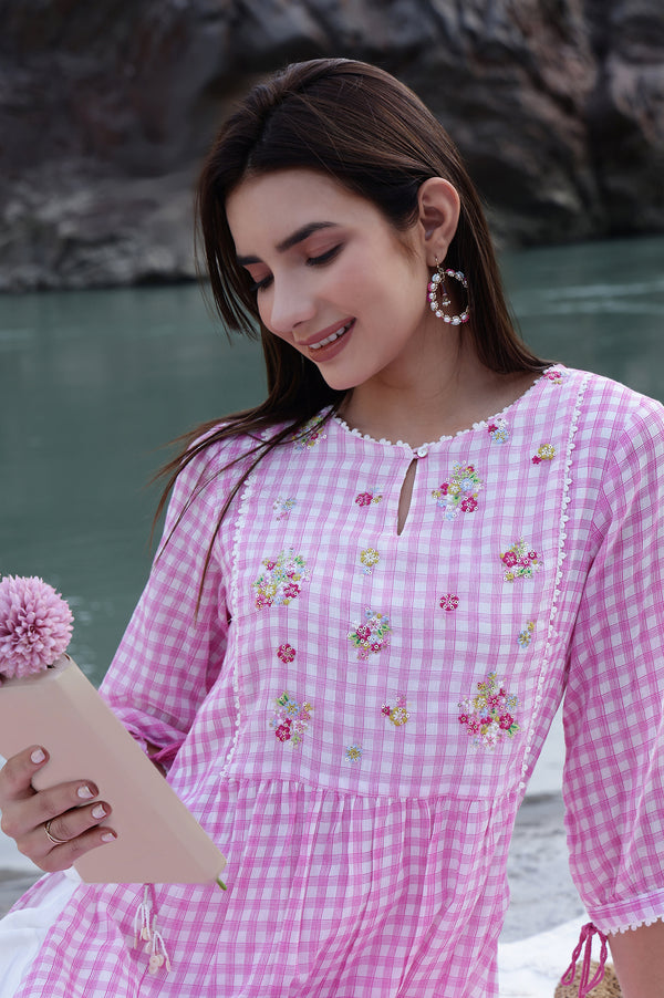 Pink and White Checker Cotton Crepe A-line Kurta with Embroidered Yoke
