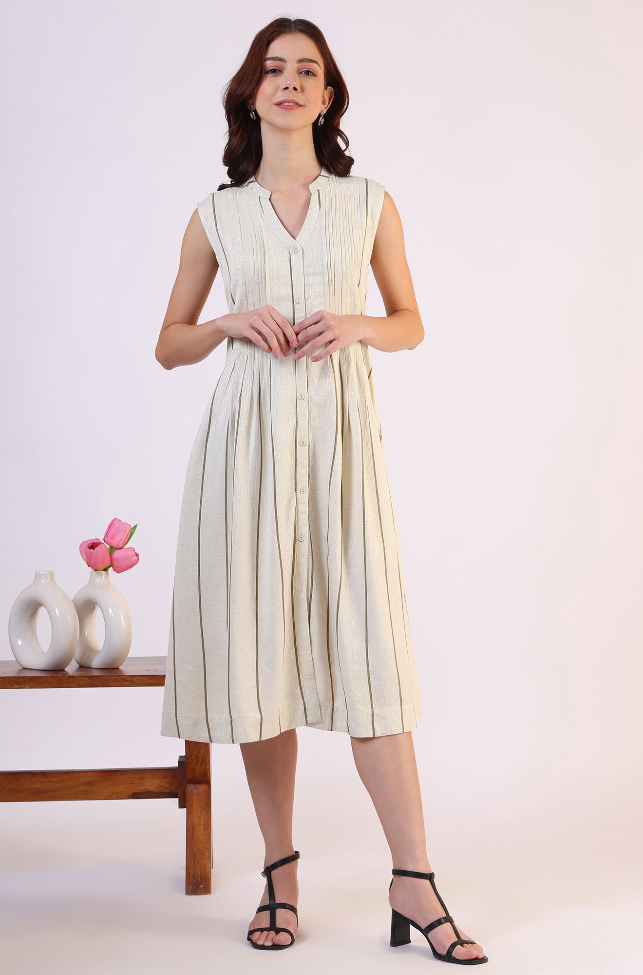 Buy Off -White Striped Cotton Blend Flared Western Dress Online for Woman | WforWoman Buy Off -White Striped Cotton Blend Flared Western Dress Online for Woman | WforWoman