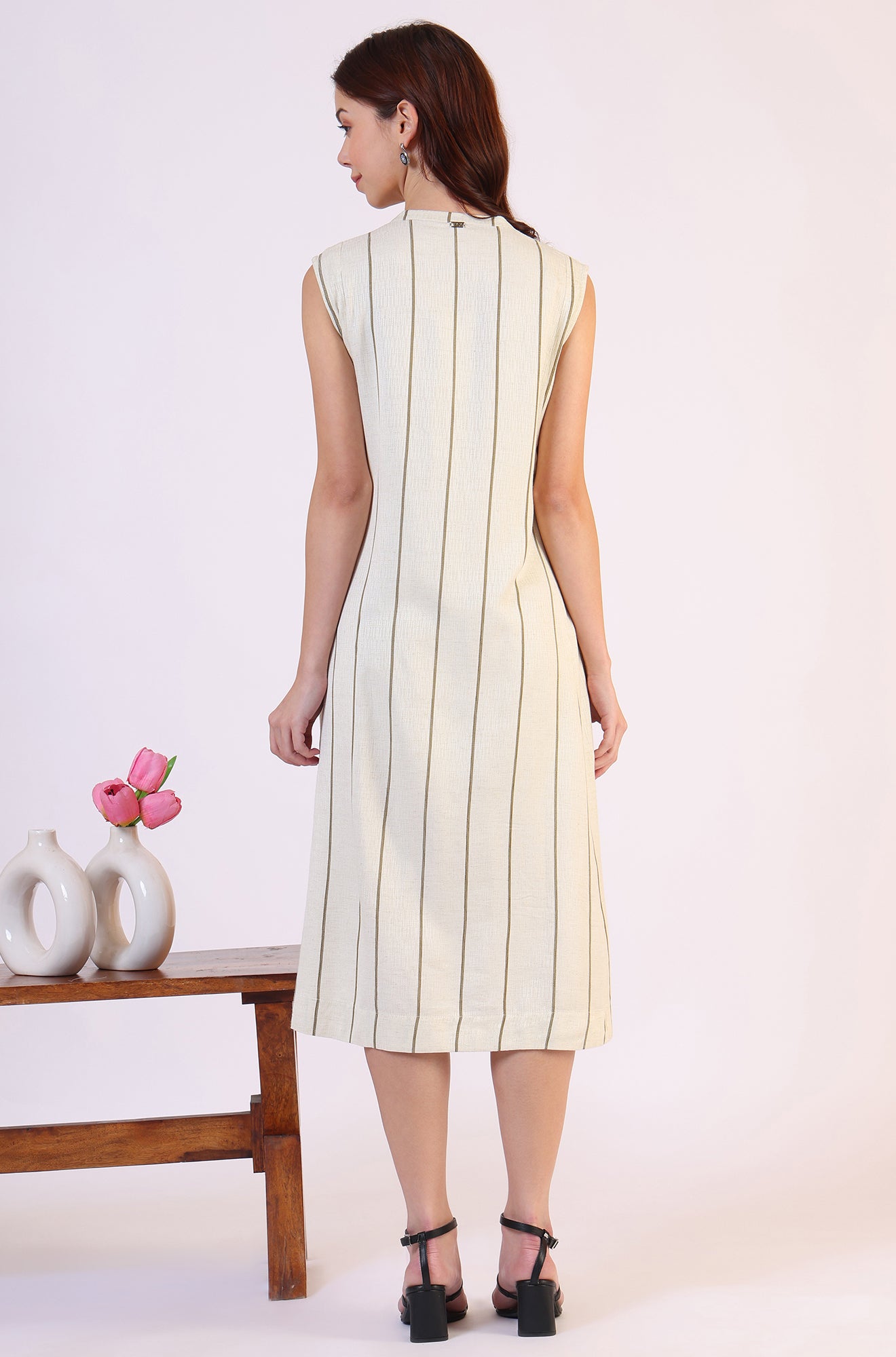 Buy Off -White Striped Cotton Blend Flared Western Dress Online for Woman | WforWoman Buy Off -White Striped Cotton Blend Flared Western Dress Online for Woman | WforWoman