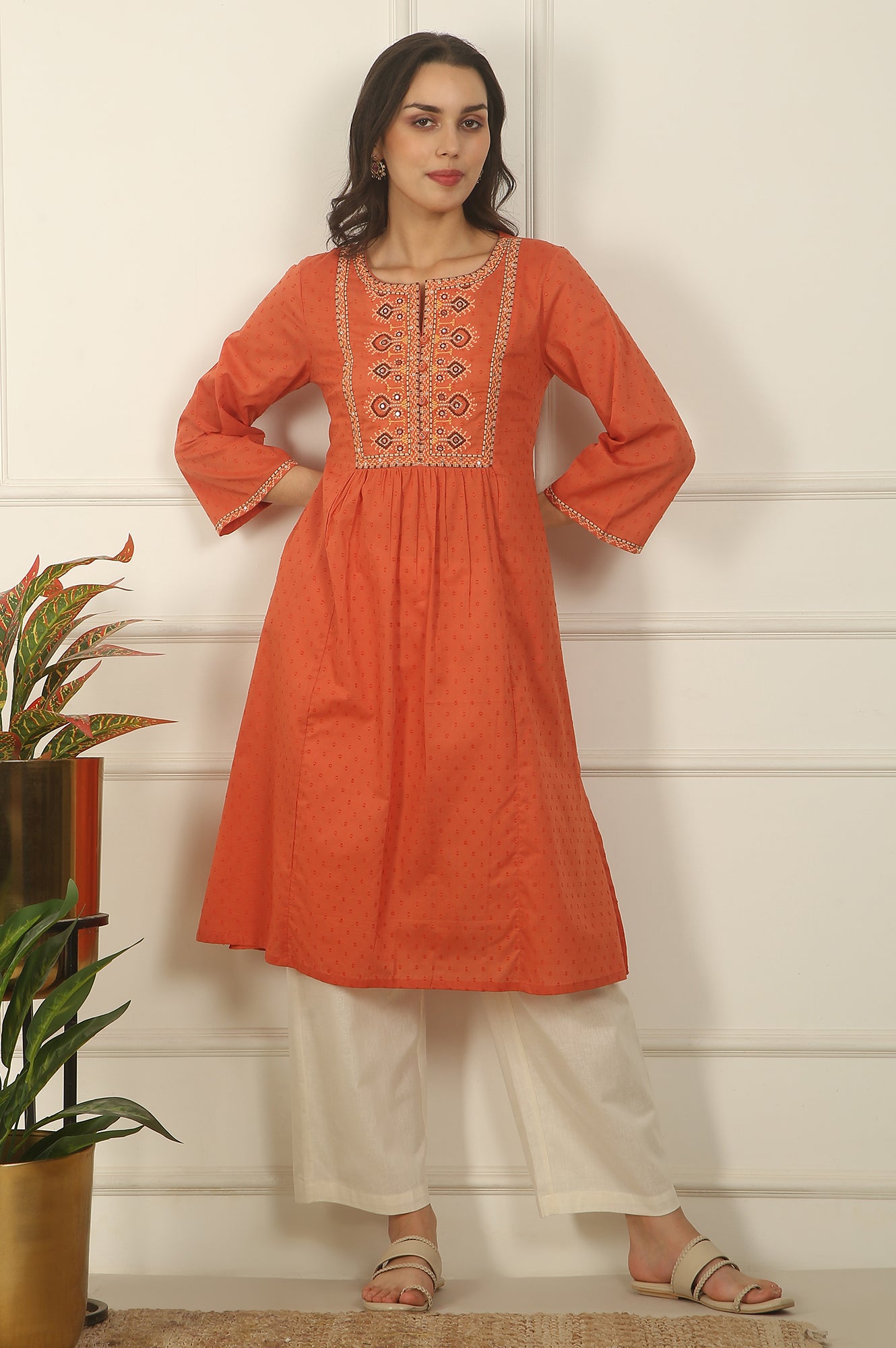 Orange Thread Embroidered Swiss Dot Cotton Flared Kurta